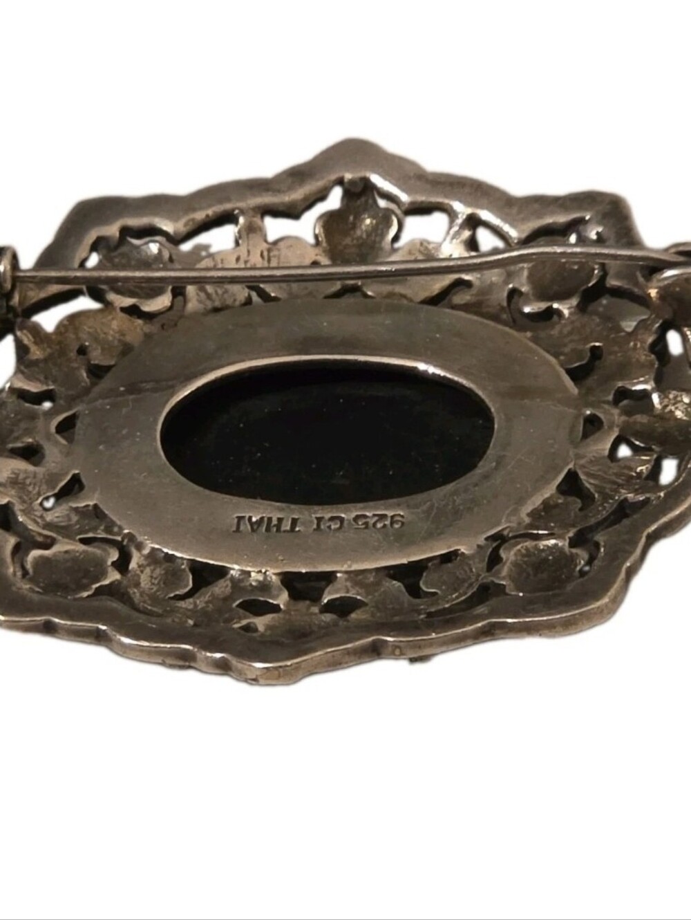 Vintage 925 Sterling Silver Black Onyx Marcasite Brooch Pin Thailand Art Deco - Picture 3 of 7